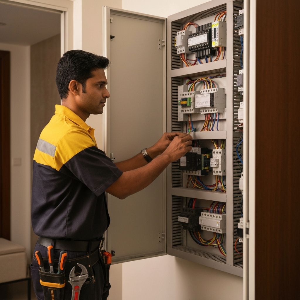 Electrician inspecting electrical panel in a Gurgaon home