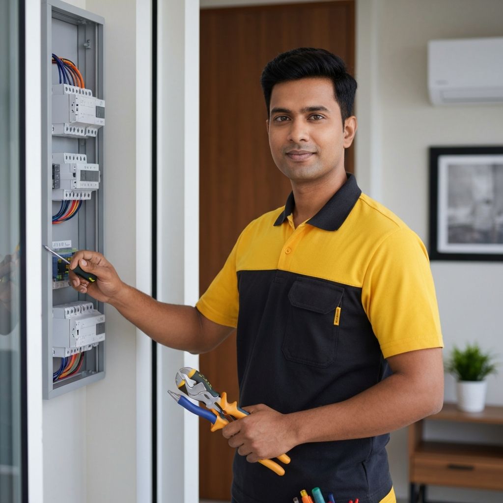 Professional electrician working on switchboard in Gurgaon home